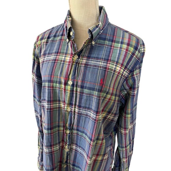 Ralph Lauren Custom‎ Fit Colorful Plaid Button Down Pink Horse Preppy Size L - Picture 1 of 6